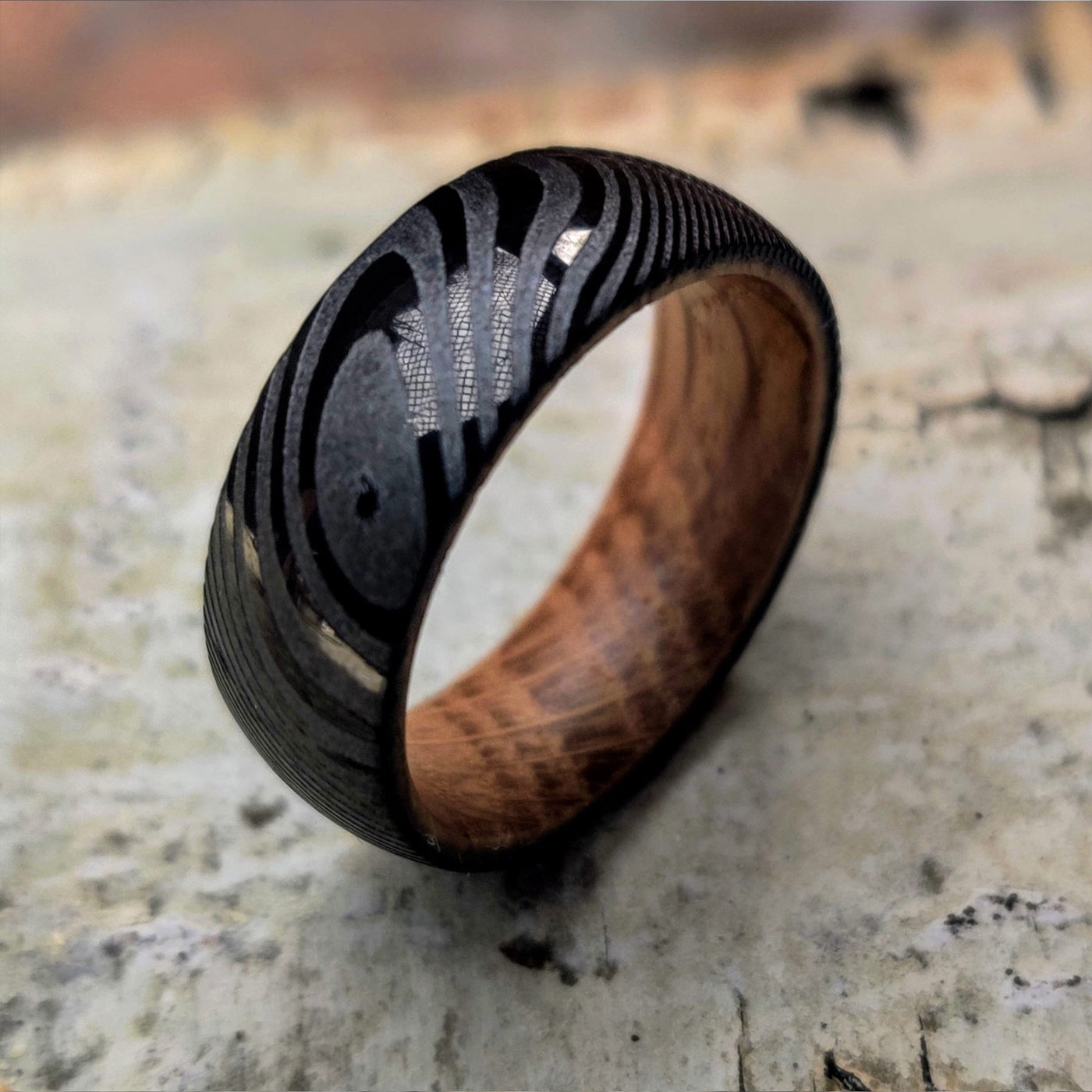 Men's Black Damascus Whiskey Barrel Wedding Ring