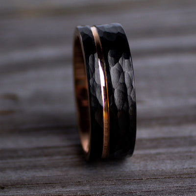 Thorum Black Hammered Rosegold Mens Tungsten Ring The Apollo