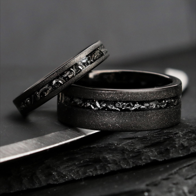 Sandblasted Black Meteorite Wedding Ring Set