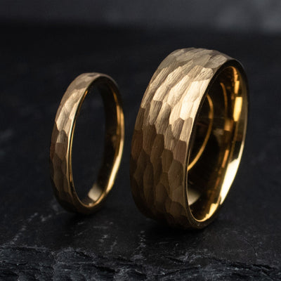 Hammered Tungsten Carbide Gold Wedding Ring Set