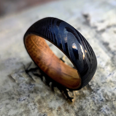 8mm Damascus Steel Wedding Ring with Whiskey Barrel