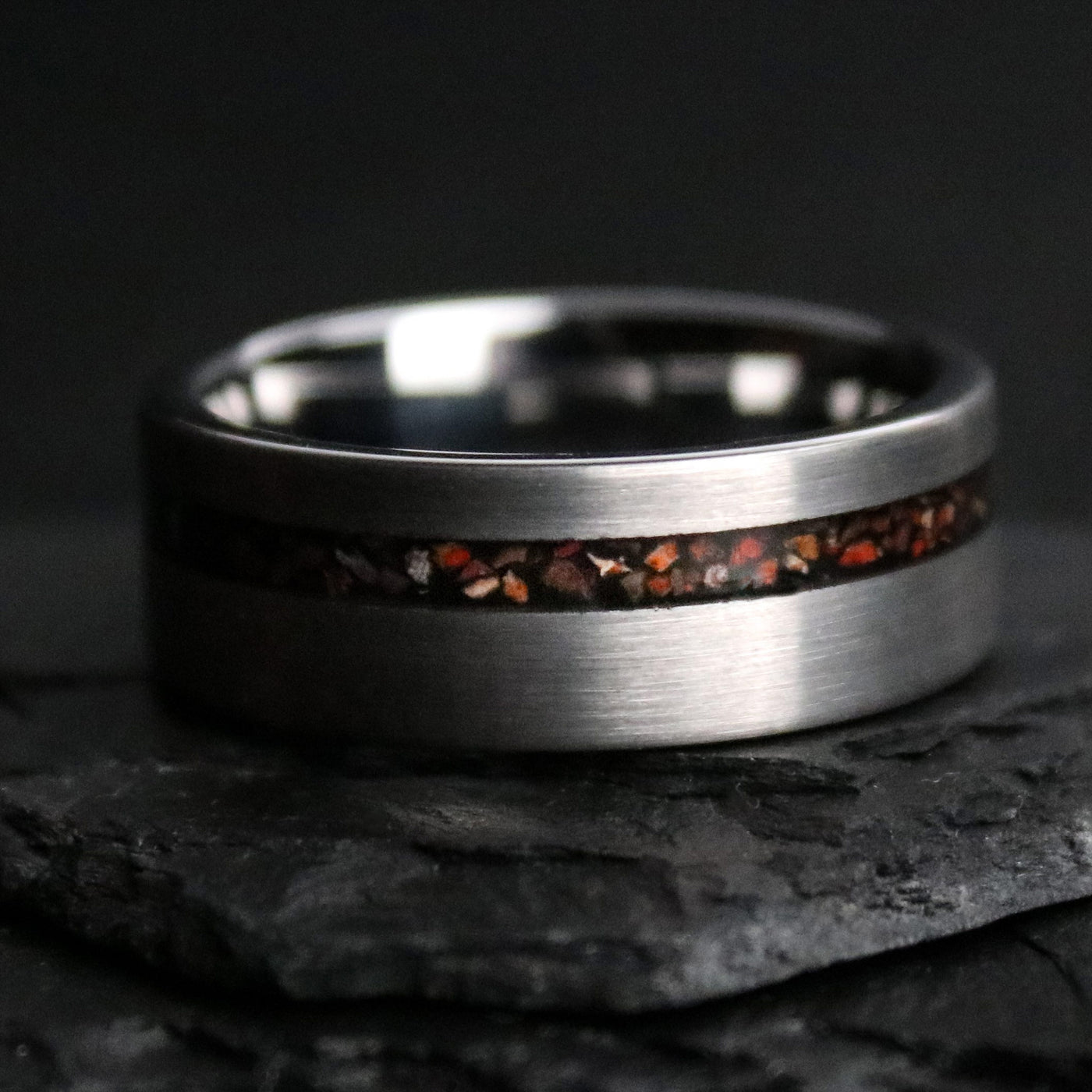 Brushed Silver Tungsten and Dinosaur Bone Ring