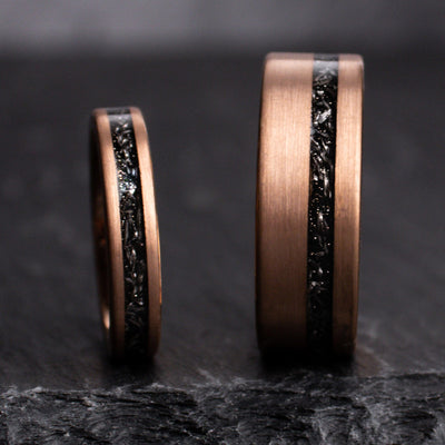 Meteorite and Rose Gold Wedding Ring Set