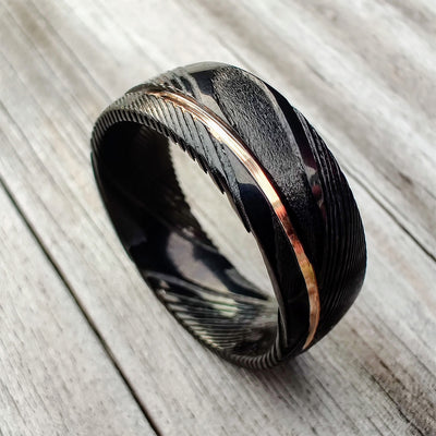 Black Damascus Steel and Rose Gold 8mm Wedding Ring