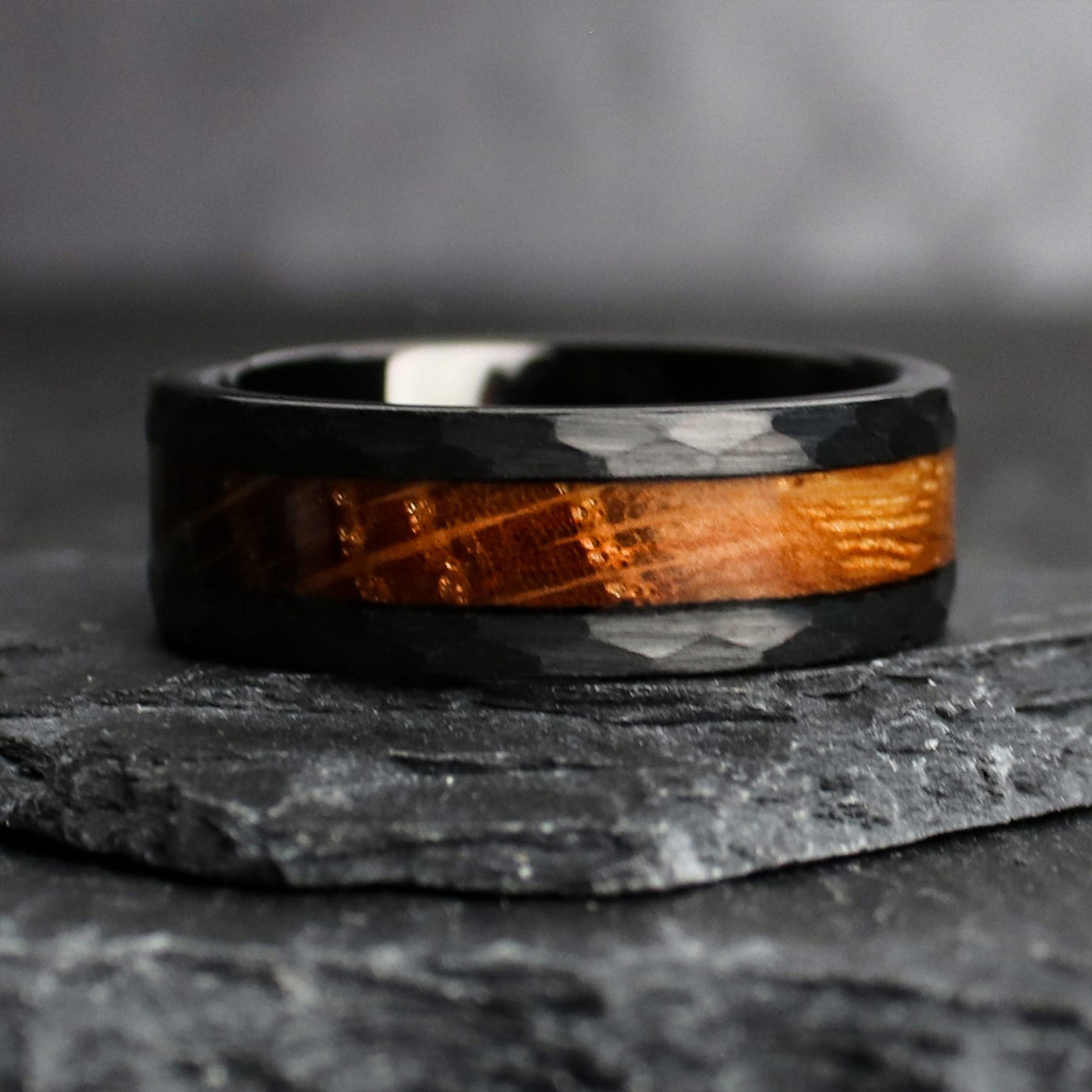 The Ethos Whiskey Barrel Black Tungsten Wedding Ring