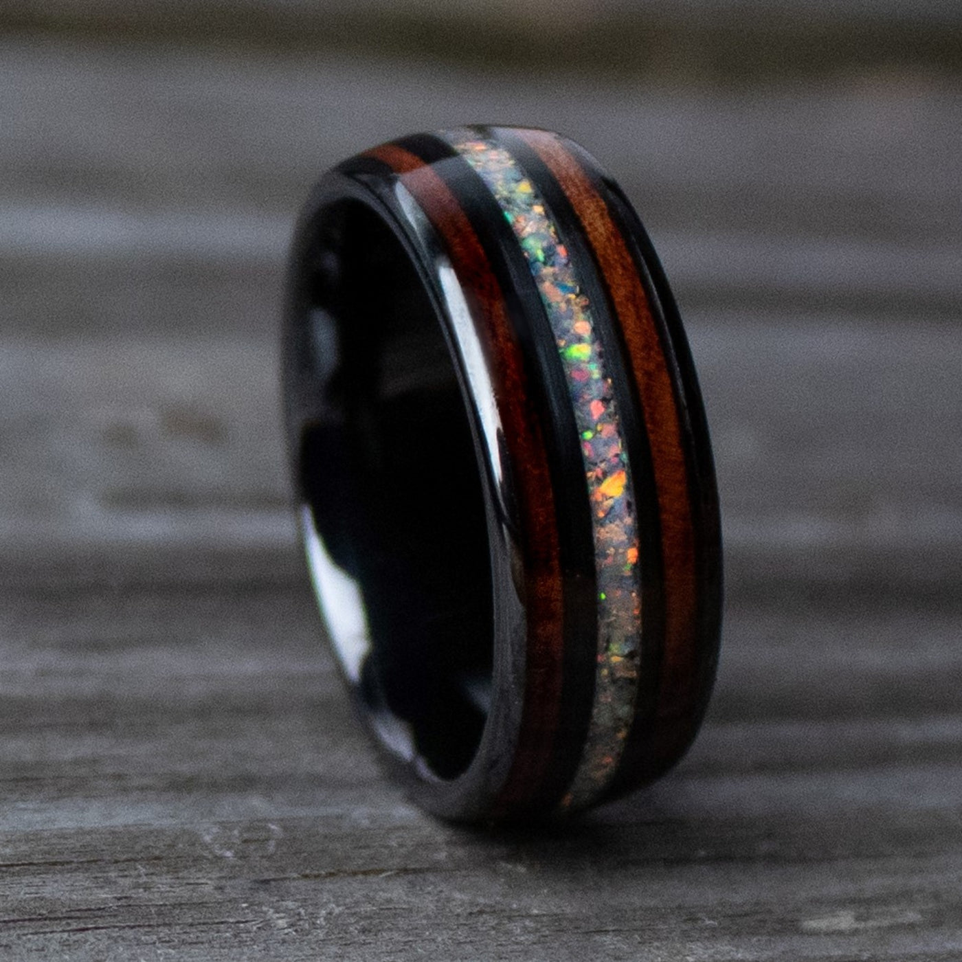 Fire Opal and Ironwood Wedding Ring | Thorum