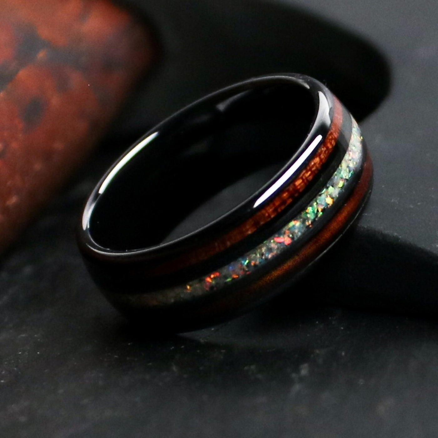 Fire Opal and Ironwood Wedding Ring | Thorum