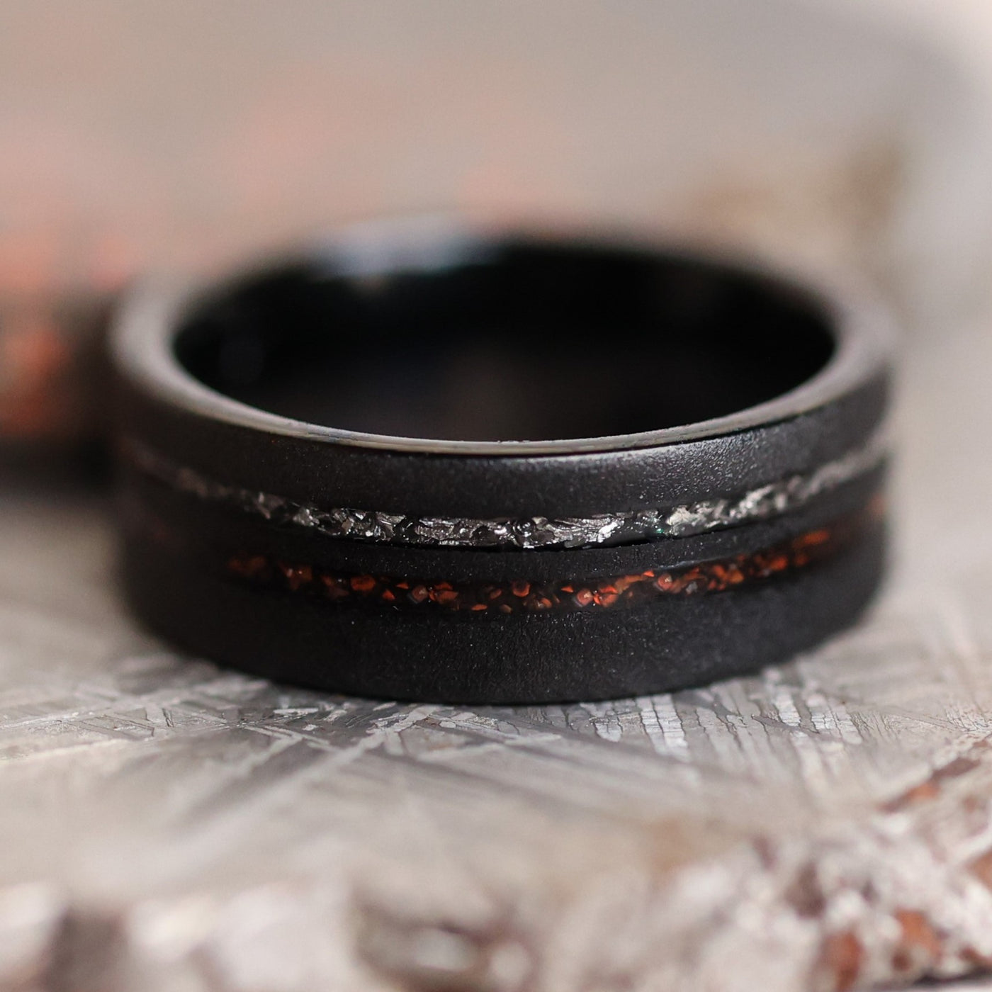 The Meteorsaur Dinosaur Bone and Meteorite Men's Wedding Ring from Thorum