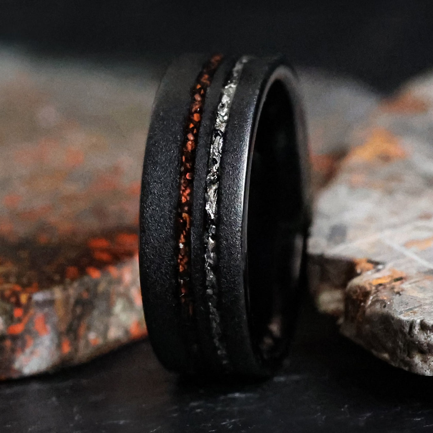 The Meteorsaur Dinosaur Bone and Meteorite Men's Wedding Ring from Thorum