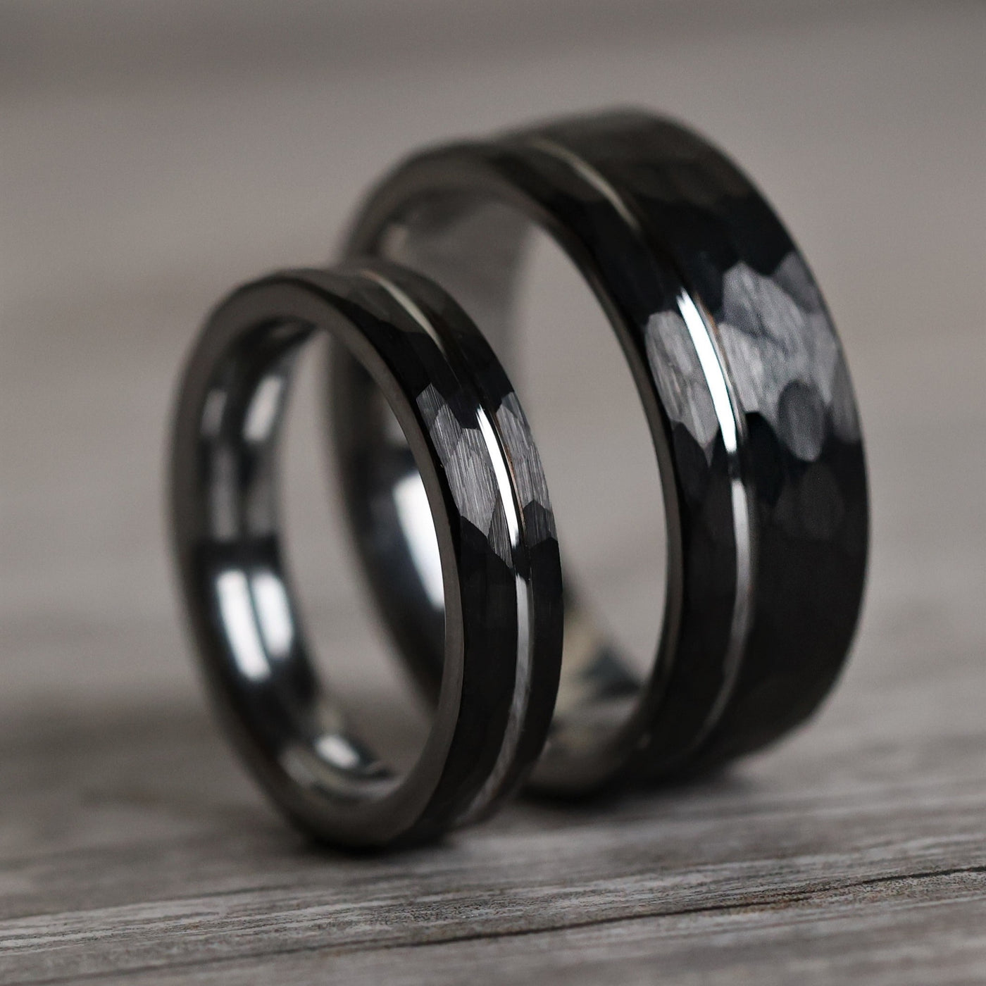 The Warrior Set | Hammered Black Metal Wedding Rings | Thorum