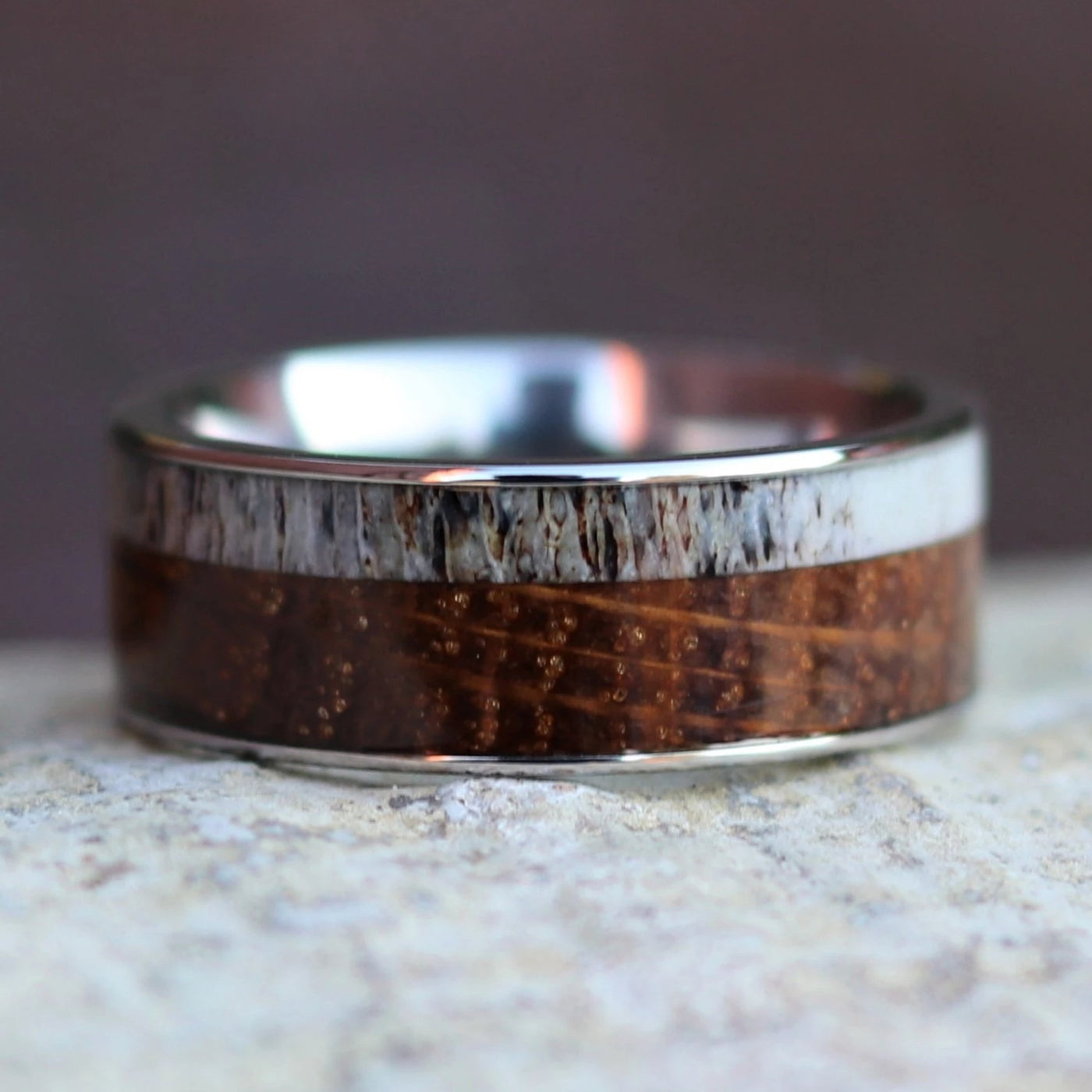 The Wayfarer | Antler and Whiskey Barrel Wedding Ring | Thorum