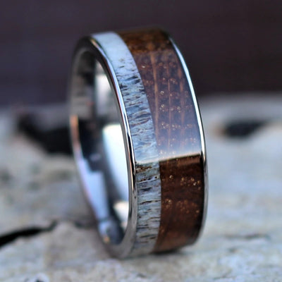 The Wayfarer | Antler and Whiskey Barrel Wedding Ring | Thorum