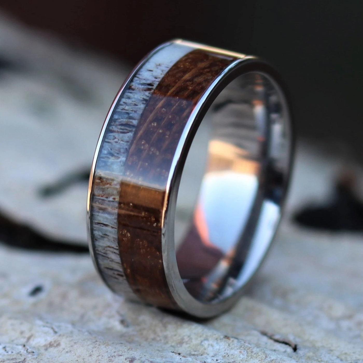 The Wayfarer | Antler and Whiskey Barrel Wedding Ring | Thorum