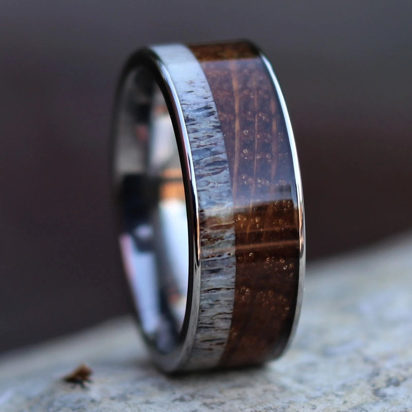 The Wayfarer | Antler and Whiskey Barrel Wedding Ring | Thorum