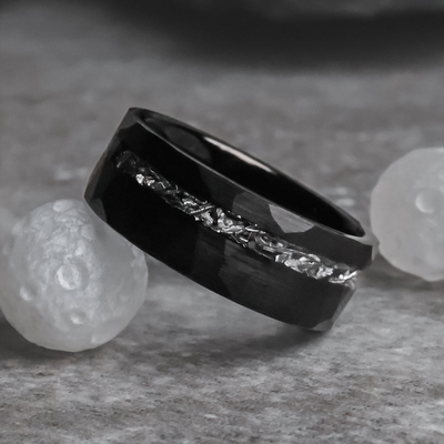 Glossy Black Forged Meteorite Wedding Ring