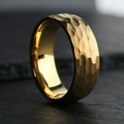 8mm Men's Rustic Gold Hammered Tungsten Wedding Ring