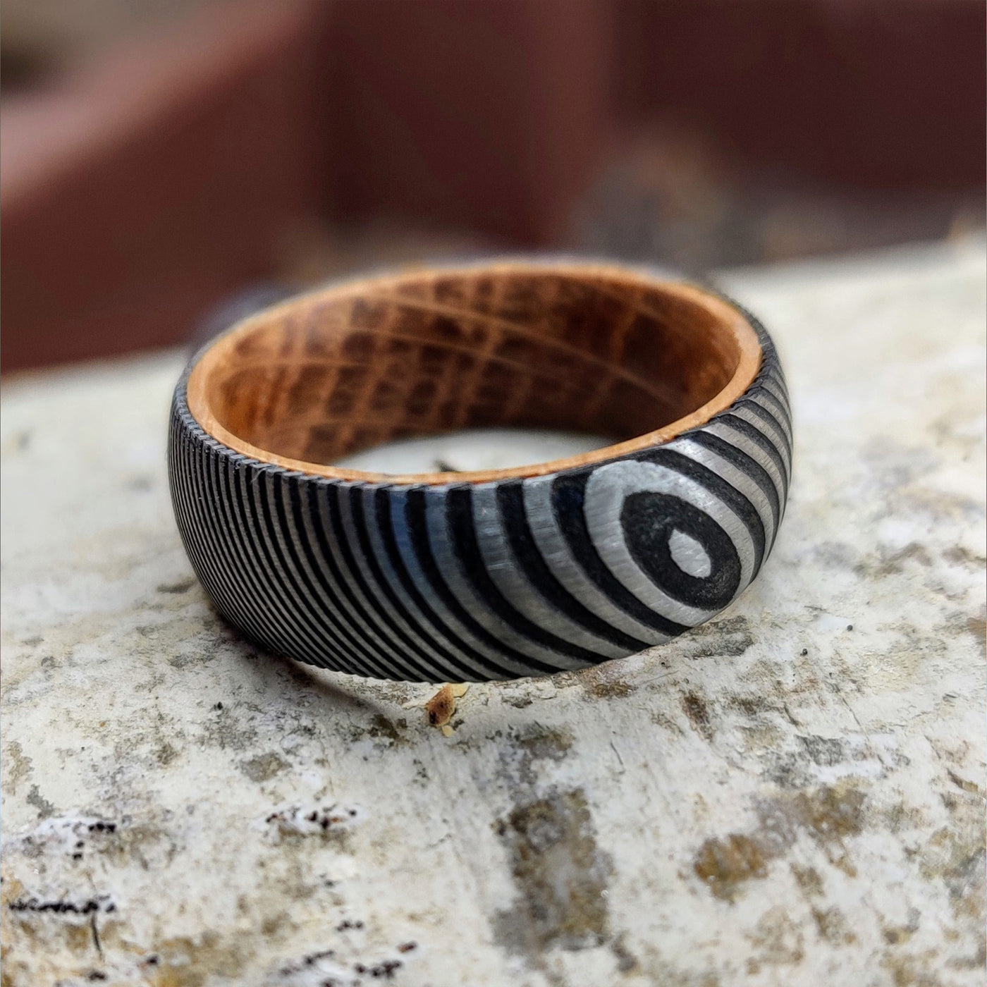 Whiskey Barrel Damascus Steel Wedding Ring