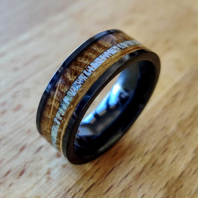 Black Ceramic and Whiskey Barrel Antler Ring